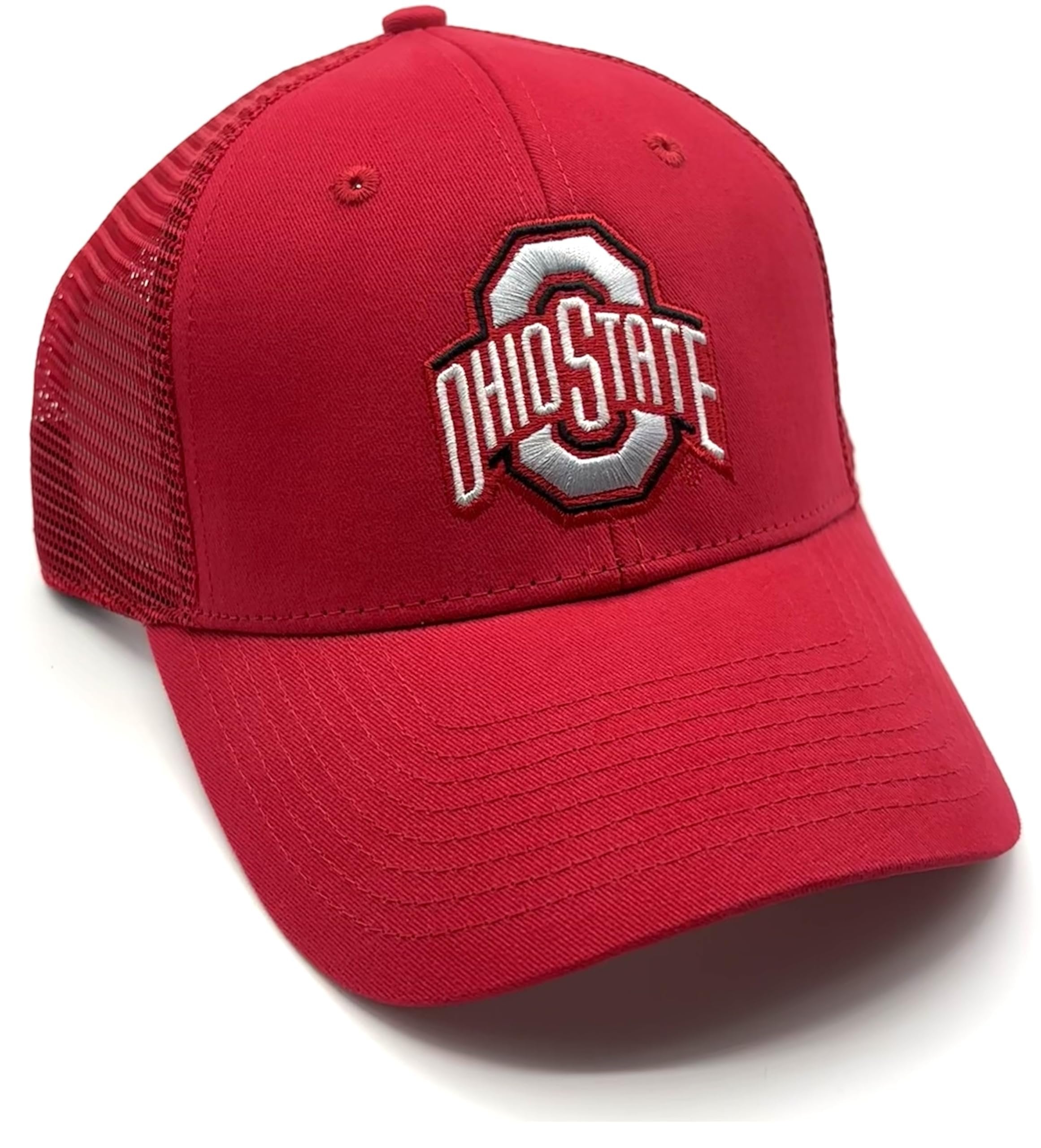 Officially Licensed Ohio State Red Mesh Trucker Sports Hat Classic Buckeyes Embroidered Team Logo Adjustable Structured Snapback Cap