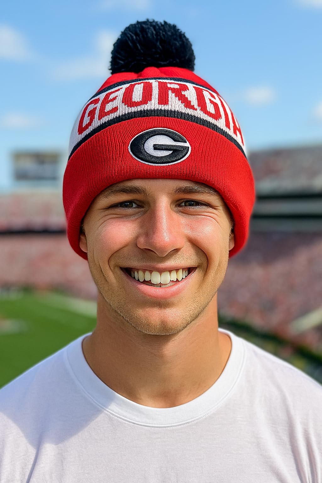 Officially Licensed Georgia Bulldogs Cuffed Knit Pom Beanie Hat Classic Edition Bulldogs Primary Home Team Logo Embroidered Winter Sports Ball Cap Multicolor