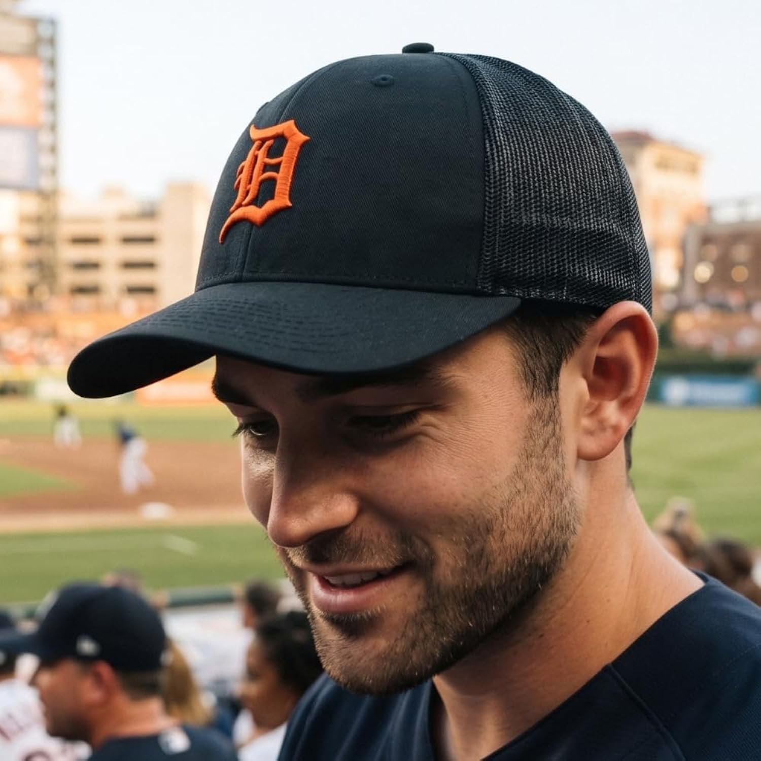 Detroit Tigers Black Mesh Trucker Hat with Embroidered Orange D Logo Adjustable Structured Sports Cap