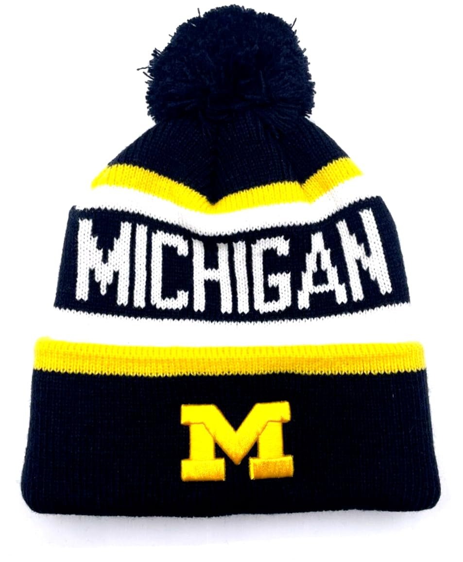 Officially Licensed Michigan Cuffed Knit Pom Beanie Hat Classic Edition Embroidered Team Logo Blue/White University Cap Multicolor
