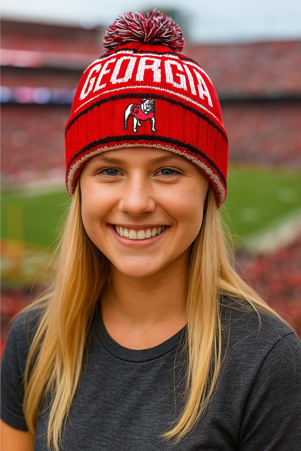 Officially Licensed Georgia Bulldogs Cuffed Knit Pom Beanie Hat Classic Bulldogs Embroidered Red/White Mascot Team Logo Winter Cap Multicolor