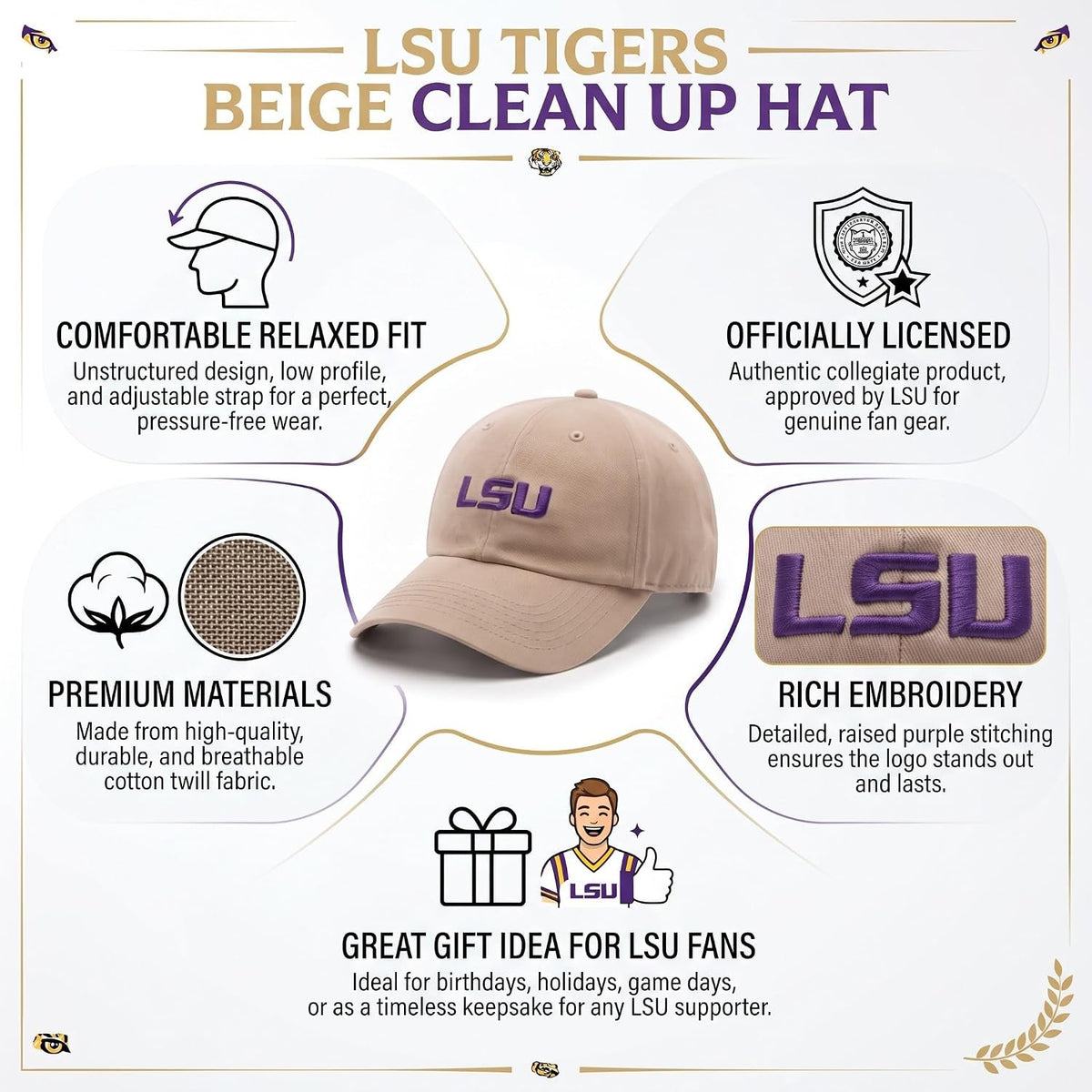 LSU Tigers Relaxed Fit Beige Hat with Purple Logo, Adjustable Unisex Cap