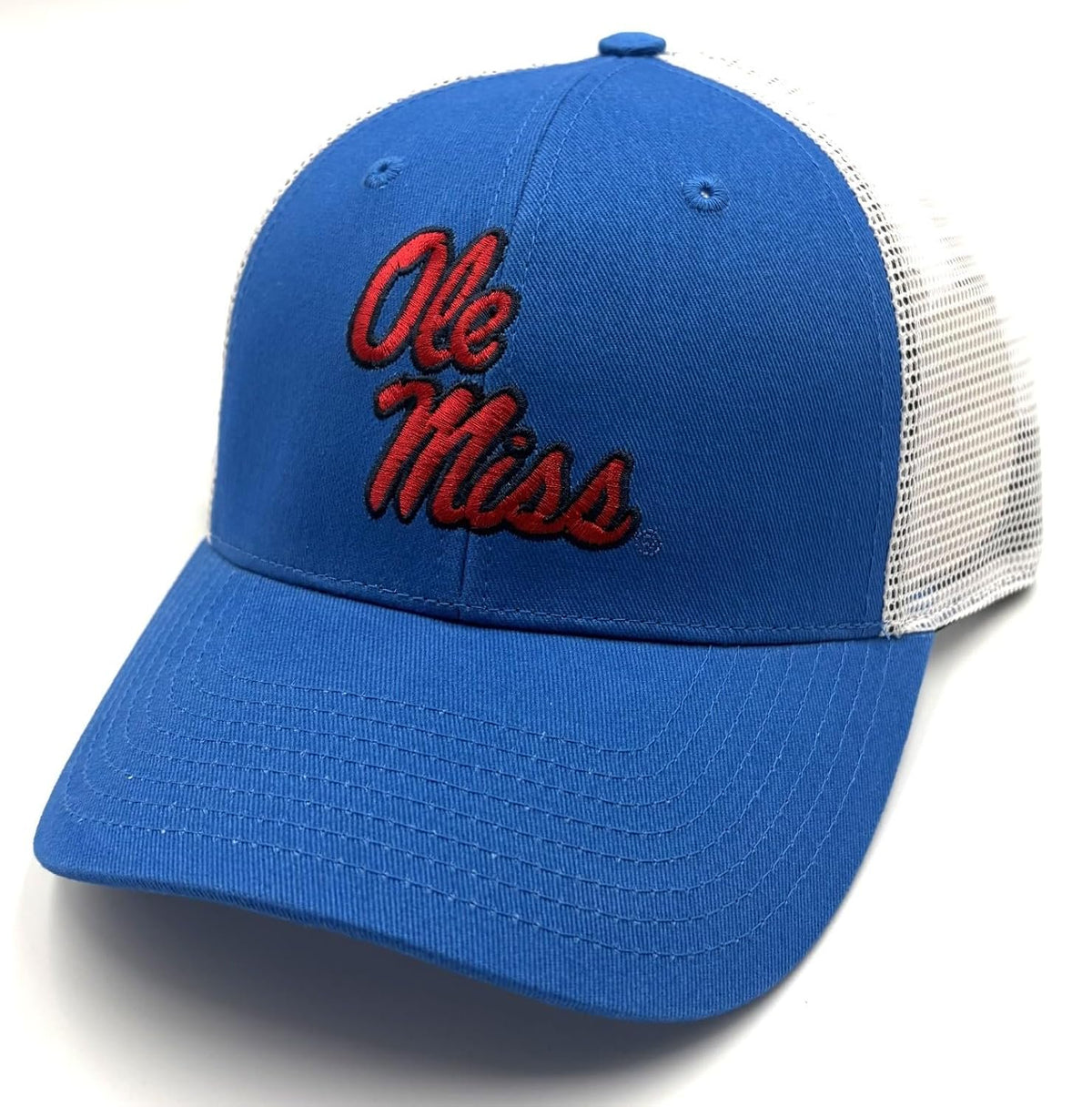 Ole Miss Trucker Hat Blue & White with Embroidered 'Ole Miss' Red Logo