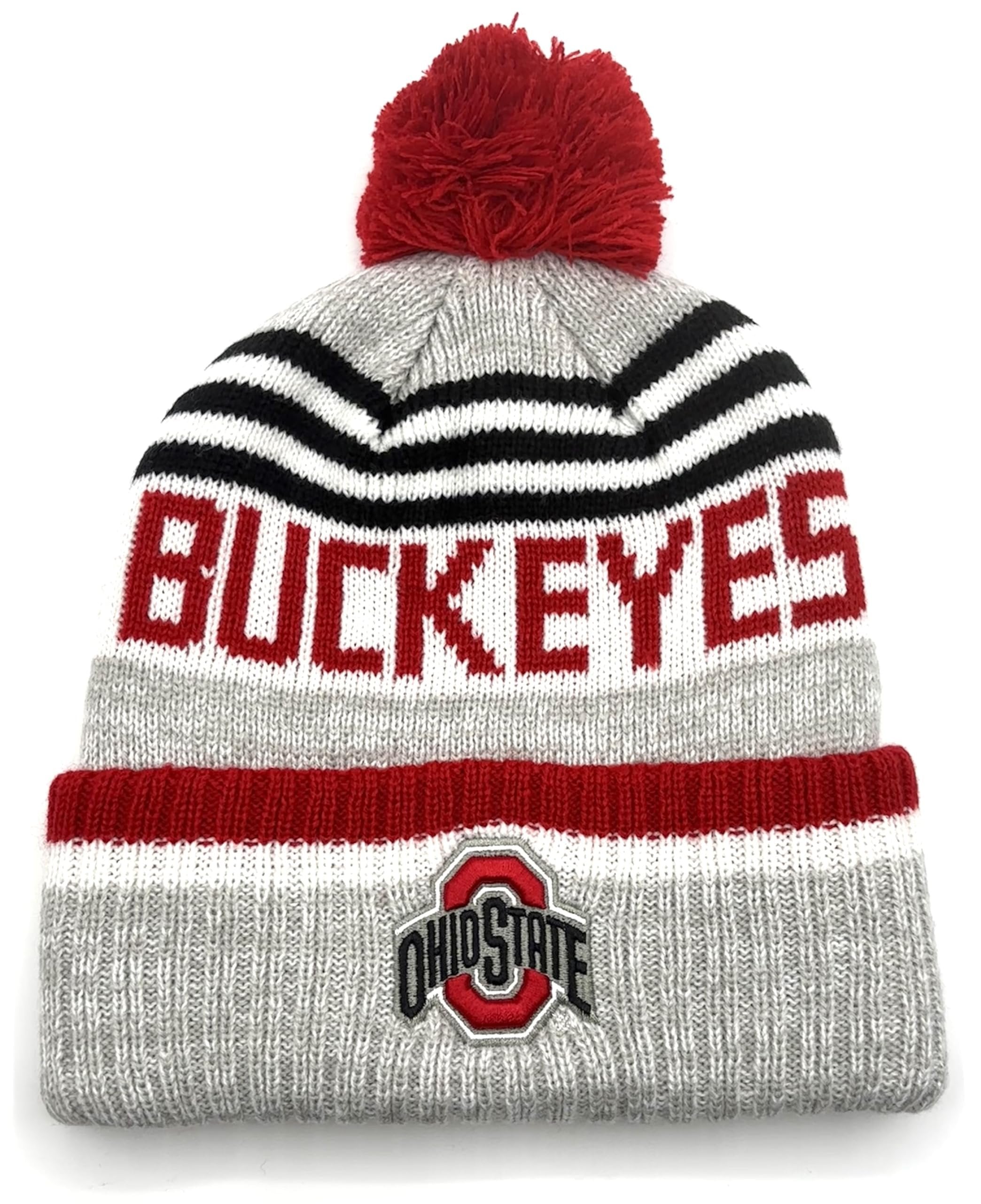 Officially Licensed Ohio State Gray Cuffed Knit Pom Beanie Hat Classic Edition Embroidered Team Logo Winter Red/White Cap