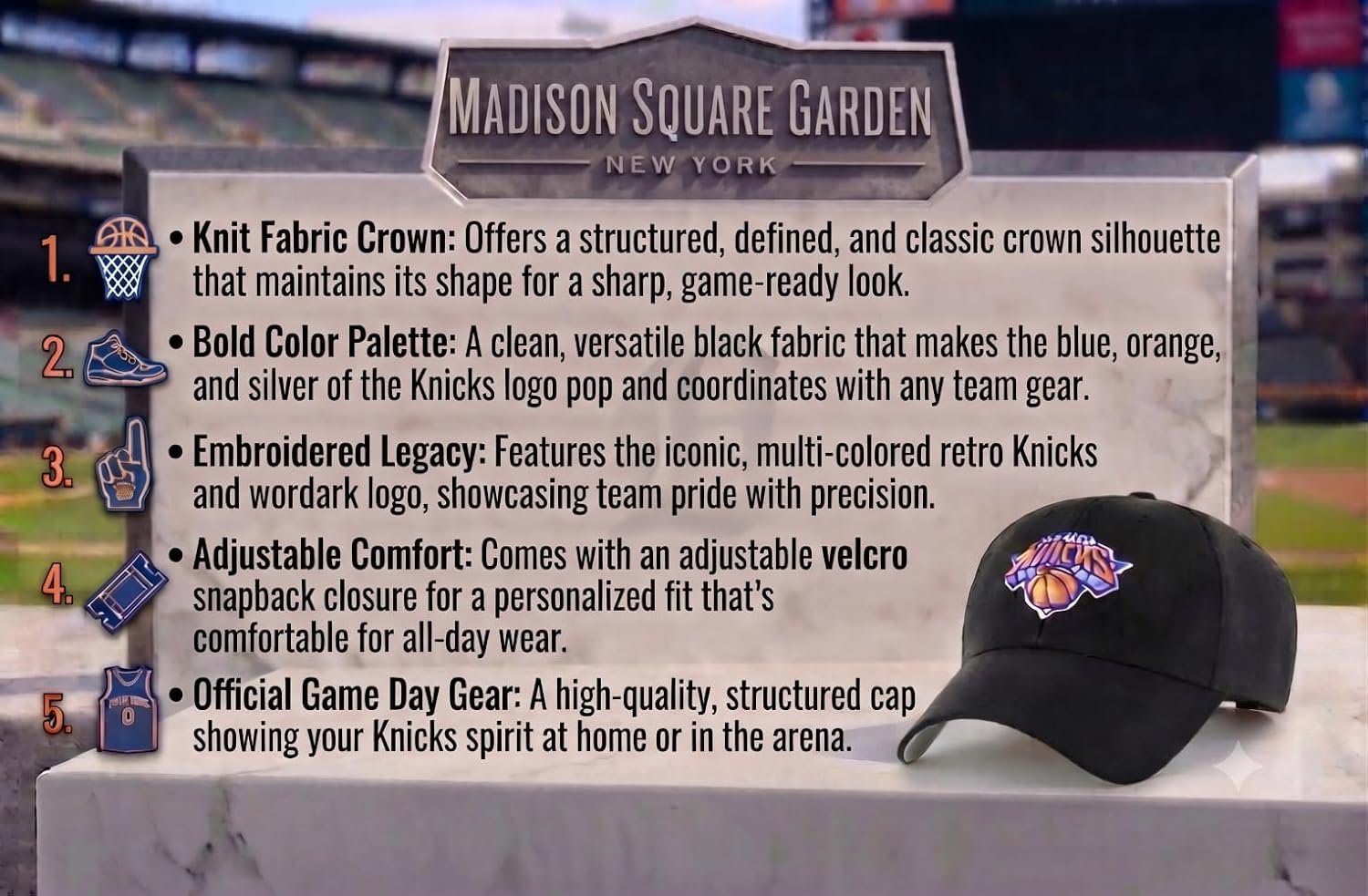 Officially Licensed New York Knicks Championship Black MVP Hat, Adjustable Embroidered Structured Sports Cap