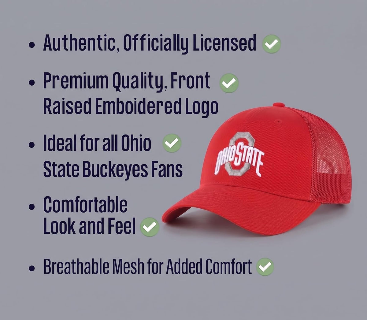 Officially Licensed Ohio State Red Mesh Trucker Sports Hat Classic Buckeyes Embroidered Team Logo Adjustable Structured Snapback Cap