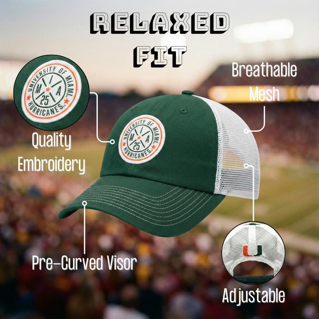 Officially Licensed University of Miami Hurricanes Hat Classic Green/White Relaxed Fit Team Logo Adjustable Mesh Trucker Snapback Baseball Sports Cap