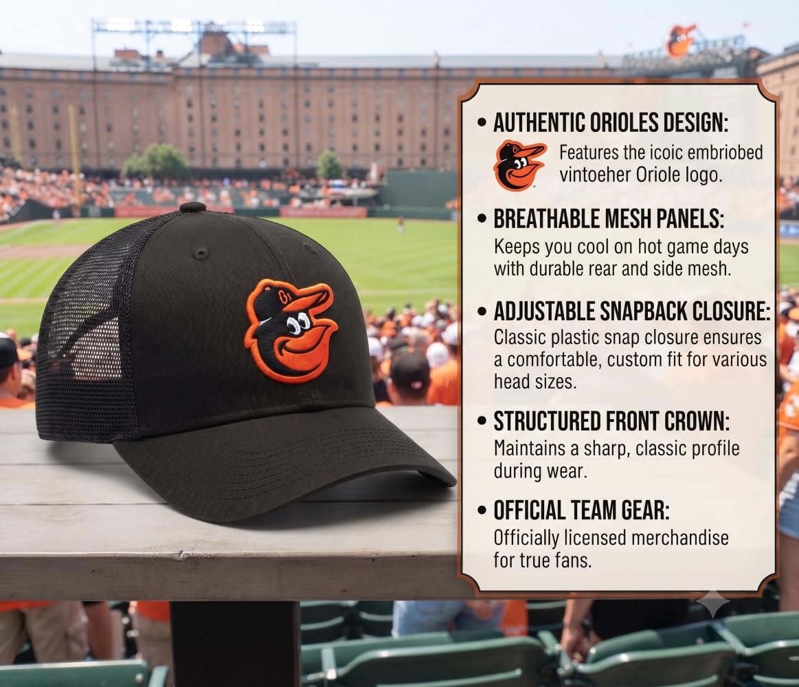 Officially Licensed Baltimore MVP Classic Primary Home Team Logo Black/Orange Mesh Trucker Snapback Hat Adjustable Embroidered Structured Sports Ball Cap