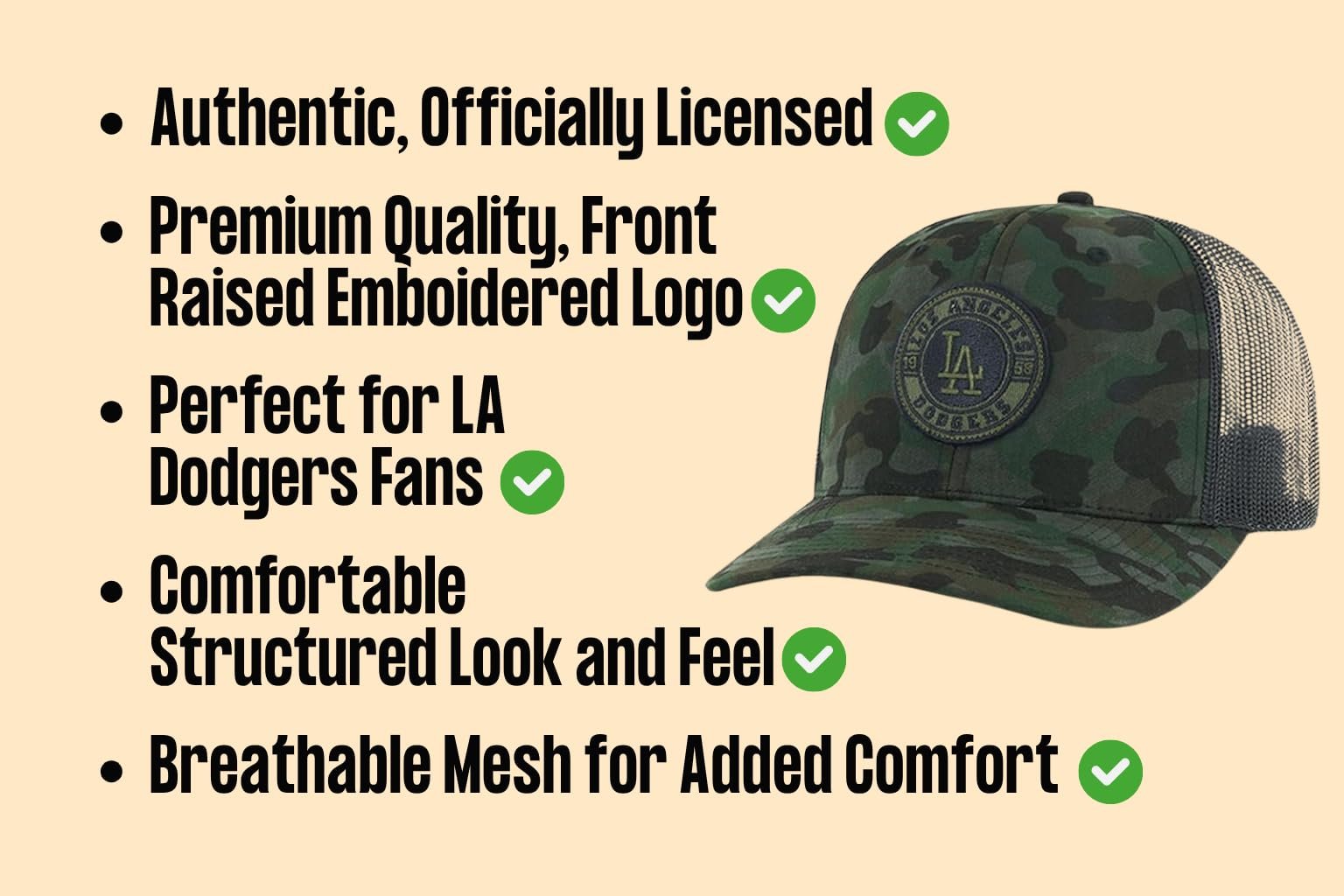 Officially Licensed Los Angeles Dodgers Camo Mesh Trucker Hat Classic Edition MVP Adjustable Structured Embroidered Team Logo Snapback Sports Cap