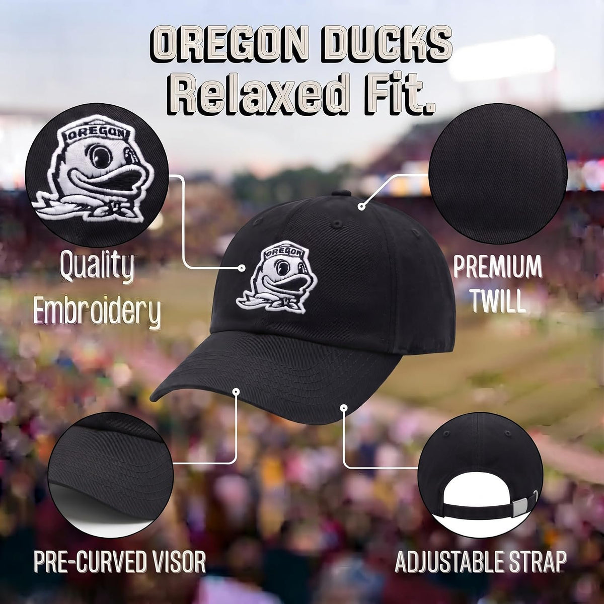 Oregon Ducks Relaxed Fit Black Hat with Iconic White Logo, Unisex Cap