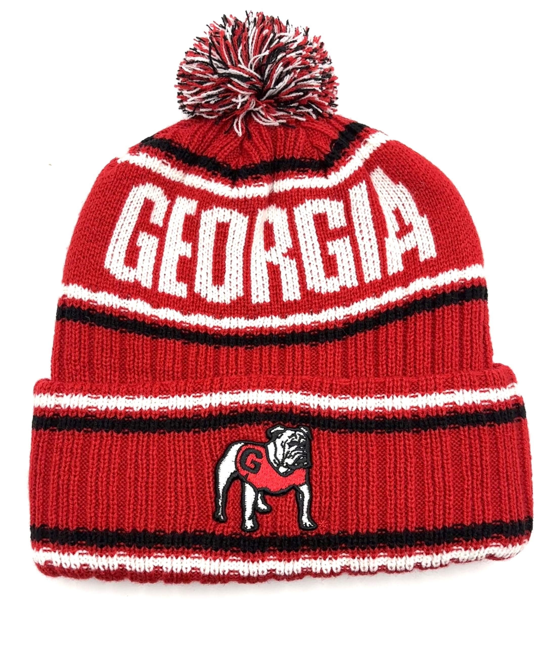 Officially Licensed Georgia Bulldogs Cuffed Knit Pom Beanie Hat Classic Bulldogs Embroidered Red/White Mascot Team Logo Winter Cap Multicolor