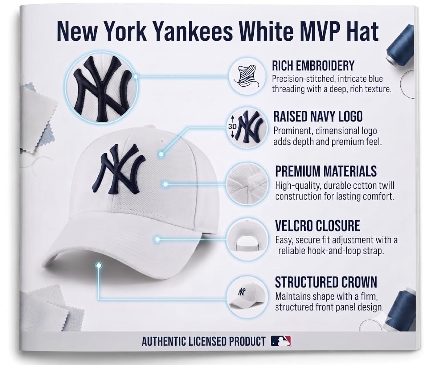 New York Yankees White MVP Hat with Iconic Blue NY Logo Embroidery Adjustable Sports Cap