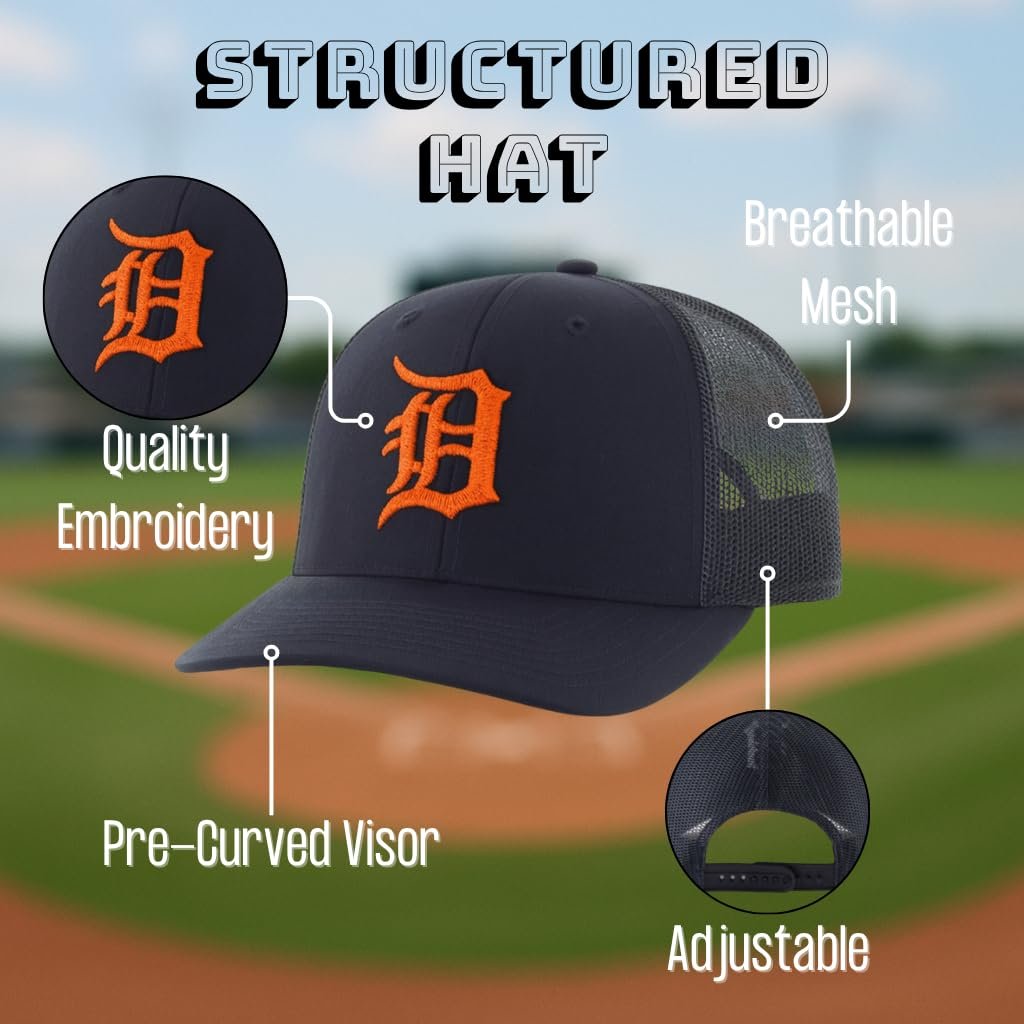 Officially Licensed Detroit Tigers Baseball Navy Blue/Orange Mesh Trucker Hat Classic MVP Tigers Primary Home Team Logo Adjustable Snapback Sports Ball Cap