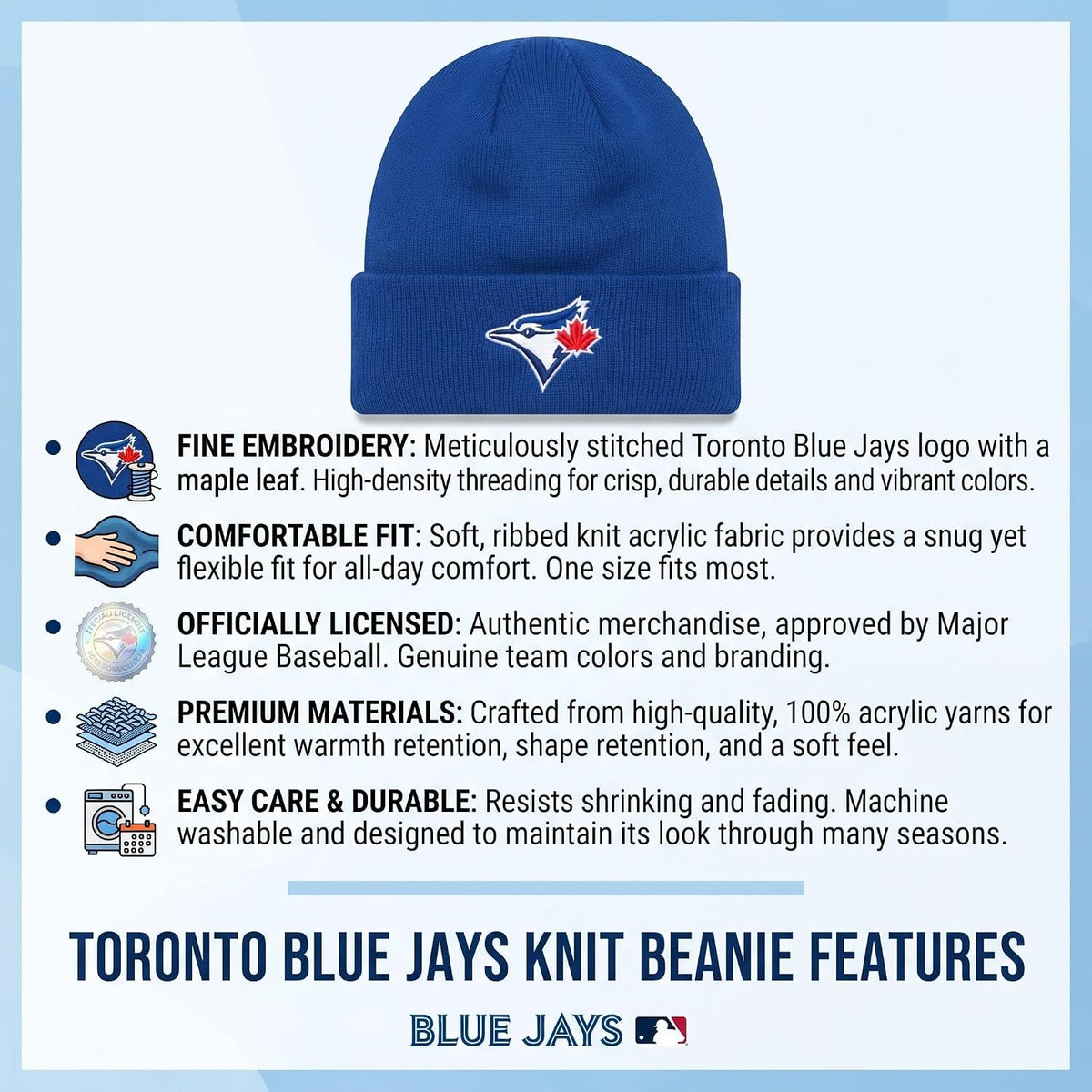 Toronto Blue Jays Royal Blue Cuff Knit Beanie Multicolor Embroidered Logo