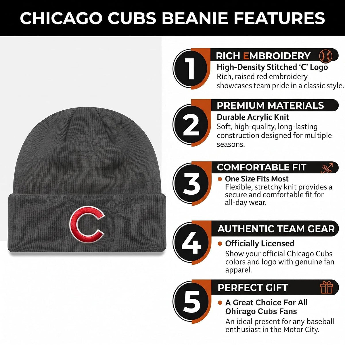Chicago Cubs Charcoal Cuff Knit Beanie Striking Red 'C' Embroidered Logo