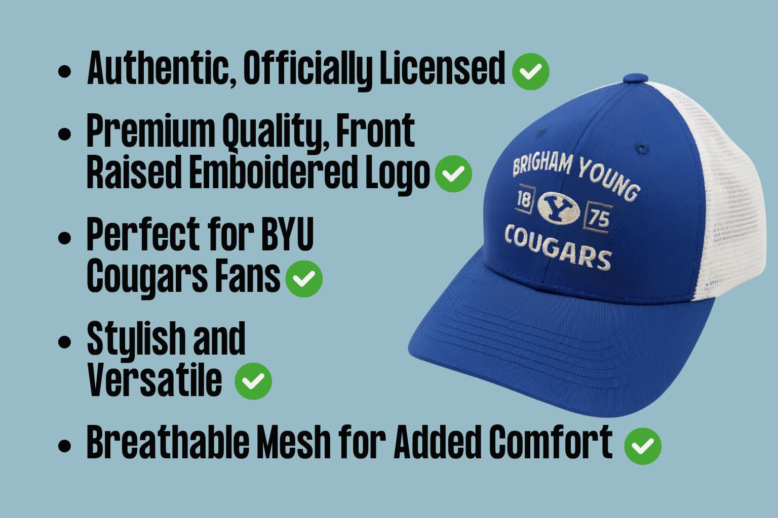 Officially Licensed BYU Cougars Classic Edition Mesh Trucker Hat White/Blue Adjustable Primary Team Logo Embroidered Structured Snapback Baseball Sports Cap