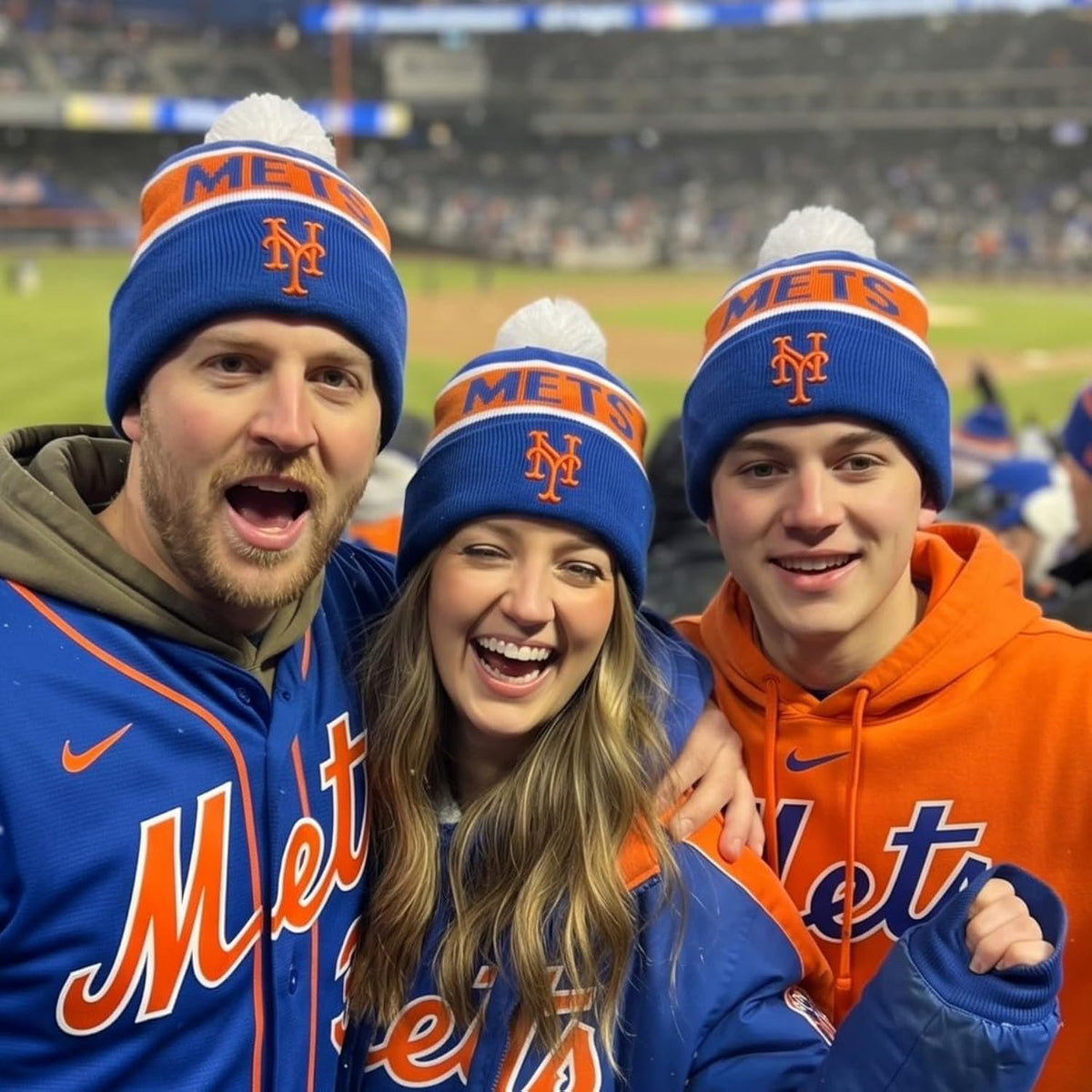 New York Mets Multicolor Cuff Knit Beanie with Pom Blue Orange, Unisex
