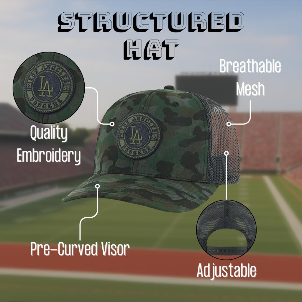 Officially Licensed Los Angeles Dodgers Camo Mesh Trucker Hat Classic Edition MVP Adjustable Structured Embroidered Team Logo Snapback Sports Cap