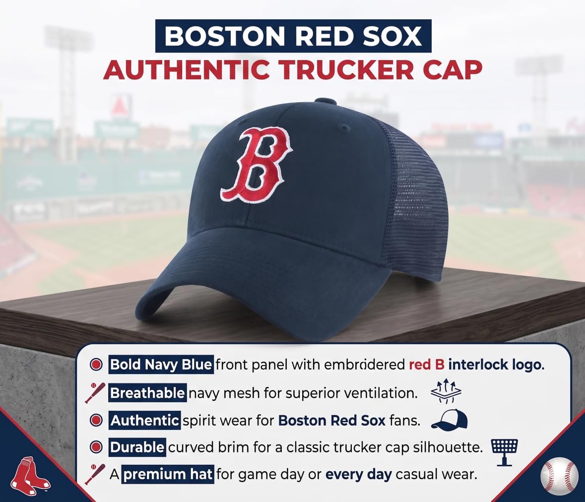Officially Licensed Boston Red Sox Navy Mesh Trucker Embroidered Red/White B Logo Adjustable Cap