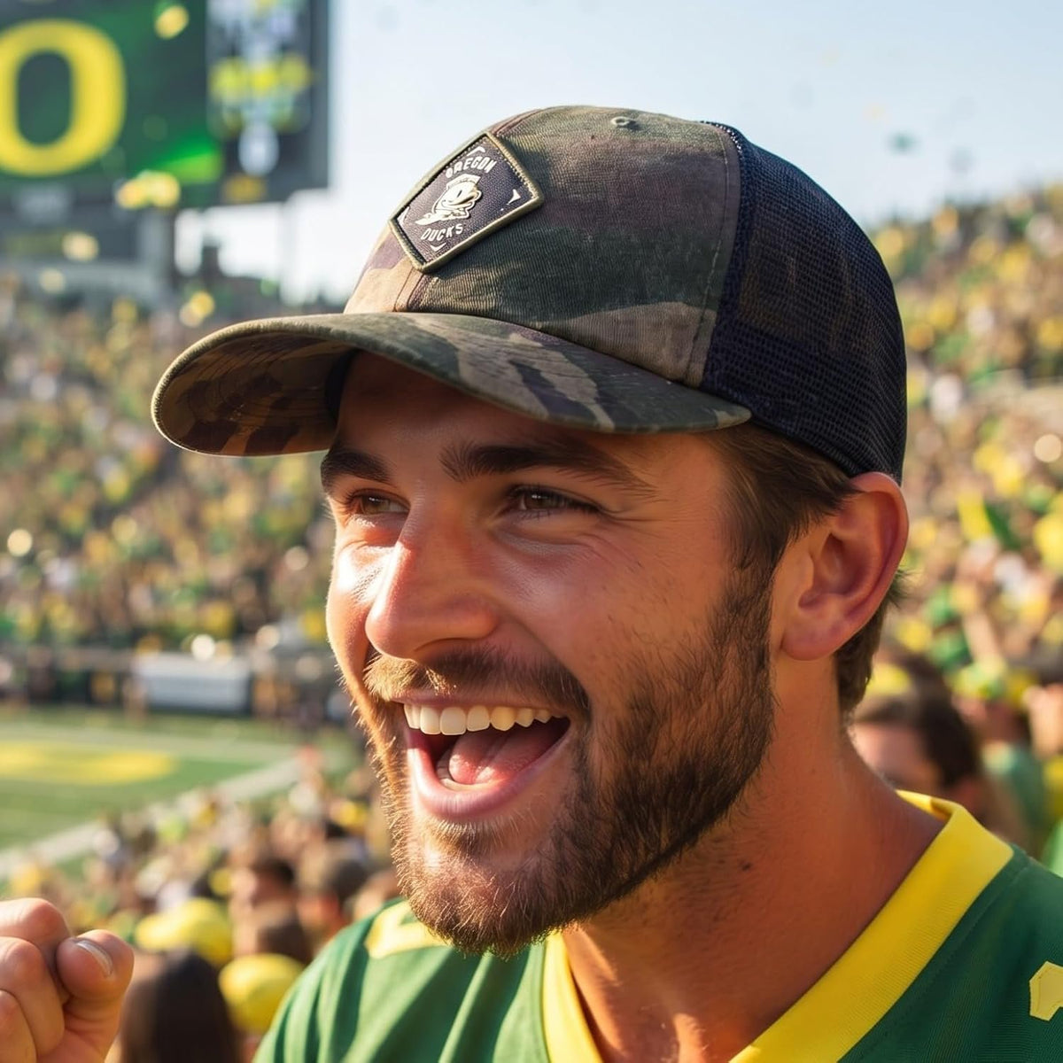Oregon Ducks Camo Mesh Trucker Hat with Embroidered Patch Logo, Unisex Cap