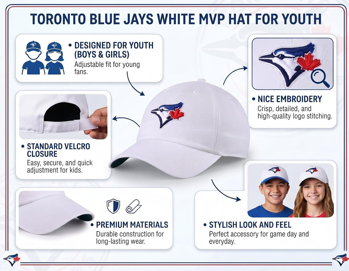 Toronto Blue Jays White MVP Hat Embroidered Baseball Cap for Boys and Girls
