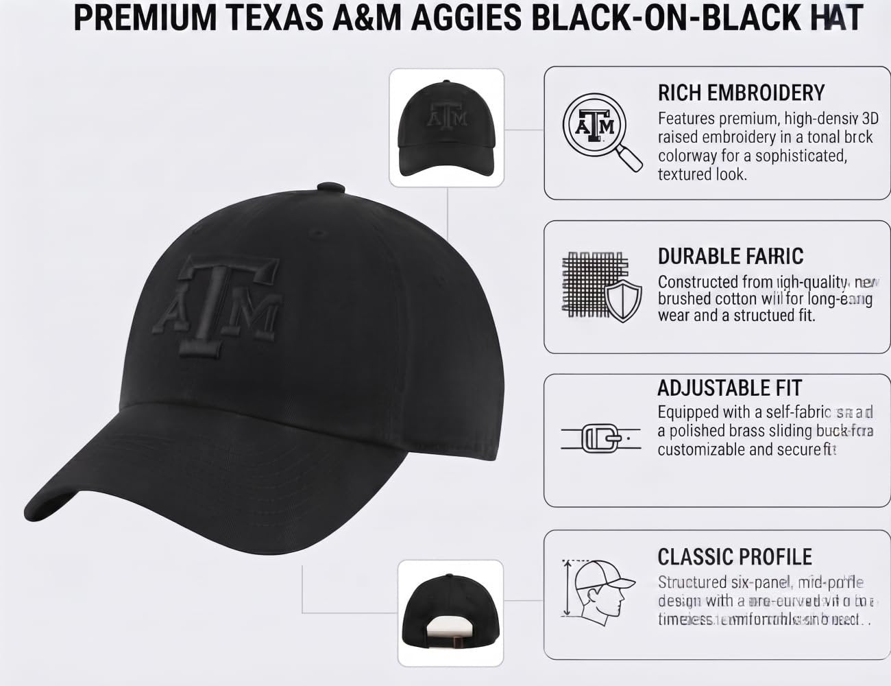 Officially Licensed Texas A&M Aggies Classic Edition Black on Black Clean Up Hat Adjustable Embroidered Relaxed Fit Sports Cap