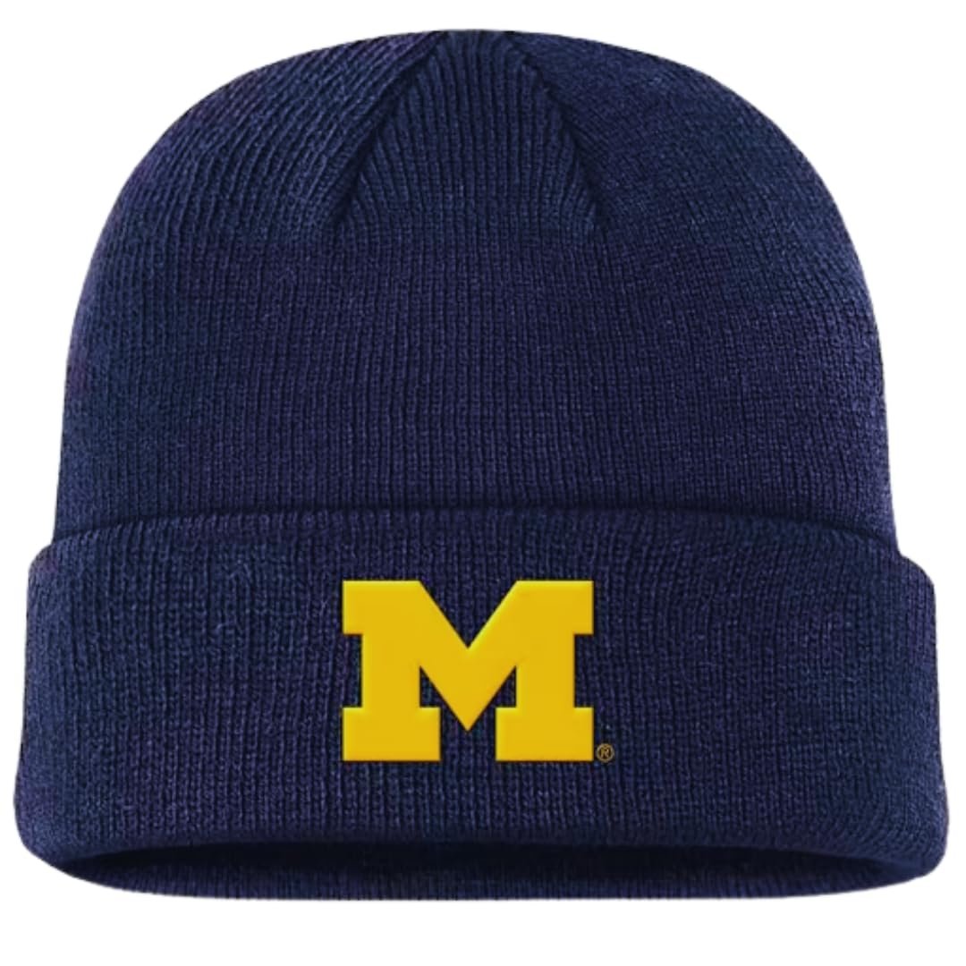 Officially Licensed Michigan Wolverines Cuffed Knit Navy Blue Beanie Hat Classic Primary Team Logo Embroidered University Cold Weather Cap