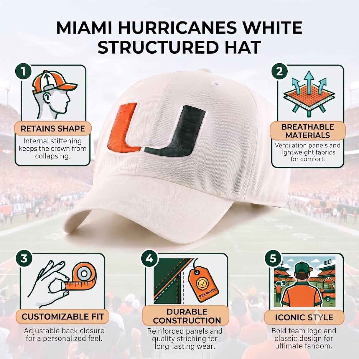 Officially Licensed University Of Miami Hurricanes White MVP Hat Iconic U Embroidery Adjustable Structured Sports Cap