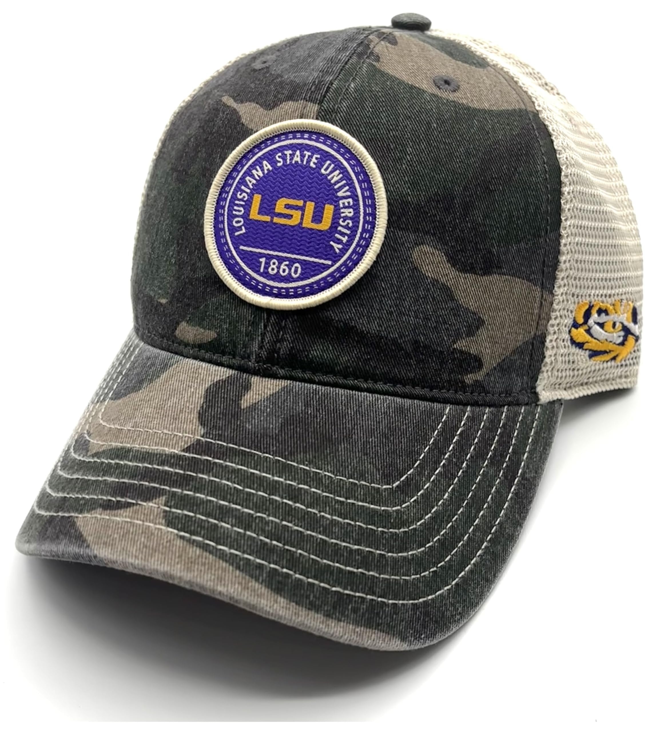 Officially Licensed LSU Camo Hat Classic Mesh Trucker Relaxed Fit Adjustable Tigers Embroidered University Cap Multicolor