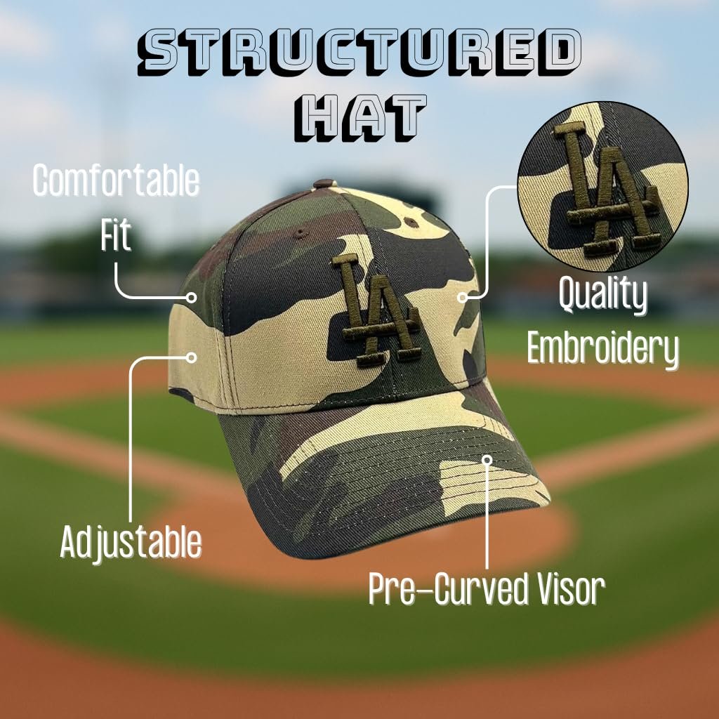 Officially Licensed Los Angeles Dodgers Baseball Camouflage Hat Classic LA Blue Team Logo Adjustable MVP Structured Embroidered Cap