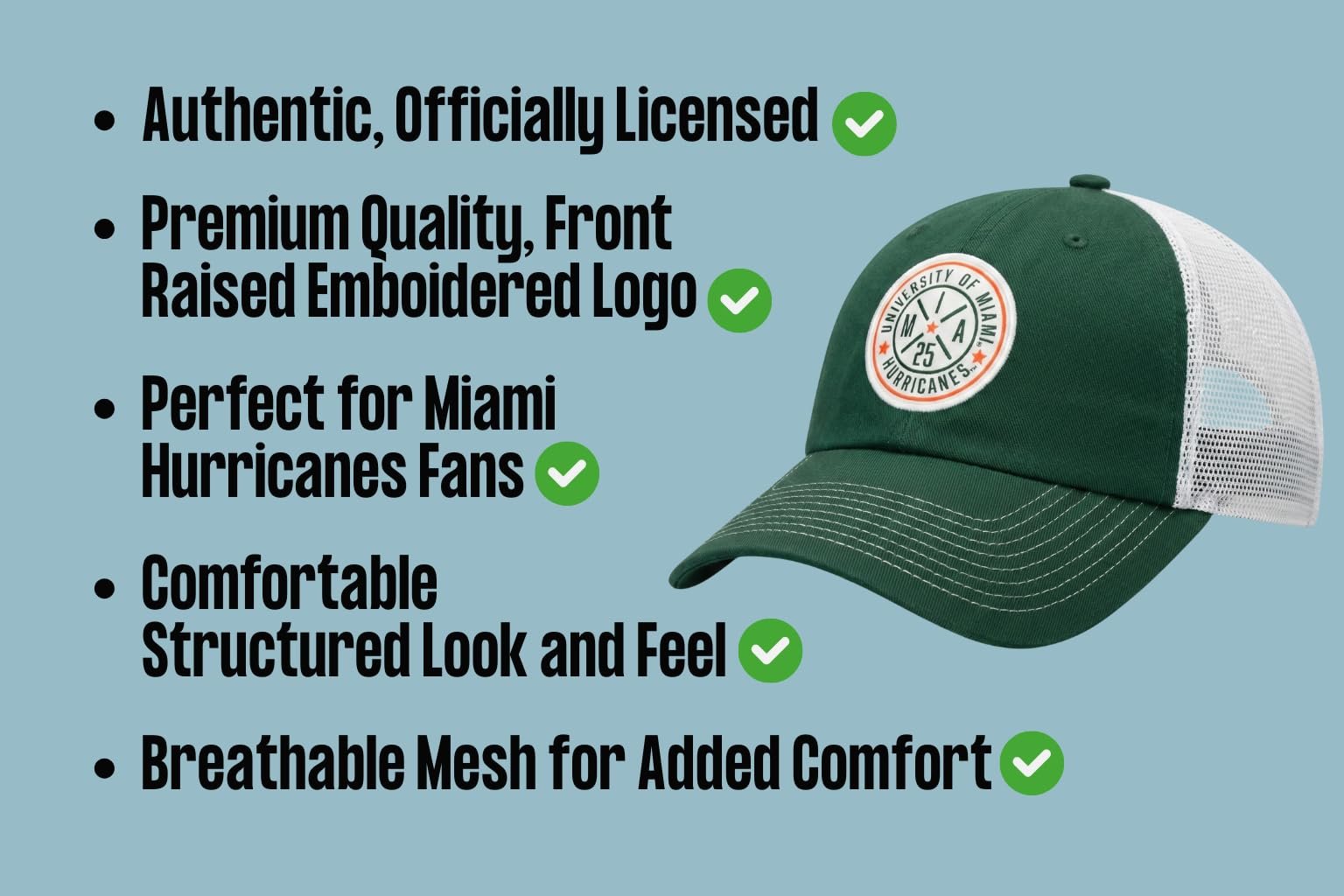 Officially Licensed University of Miami Hurricanes Hat Classic Green/White Relaxed Fit Team Logo Adjustable Mesh Trucker Snapback Baseball Sports Cap