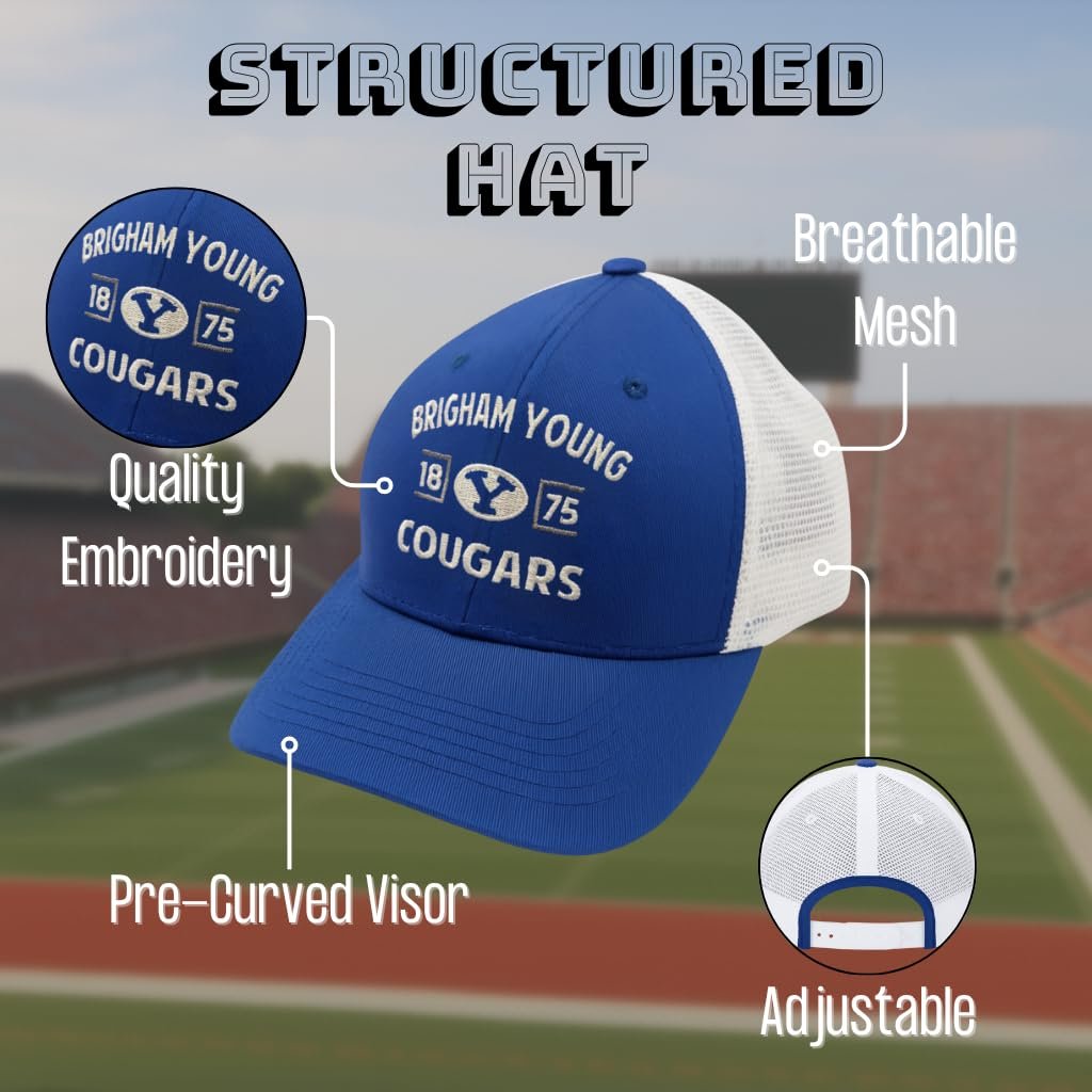Officially Licensed BYU Cougars Classic Edition Mesh Trucker Hat White/Blue Adjustable Primary Team Logo Embroidered Structured Snapback Baseball Sports Cap