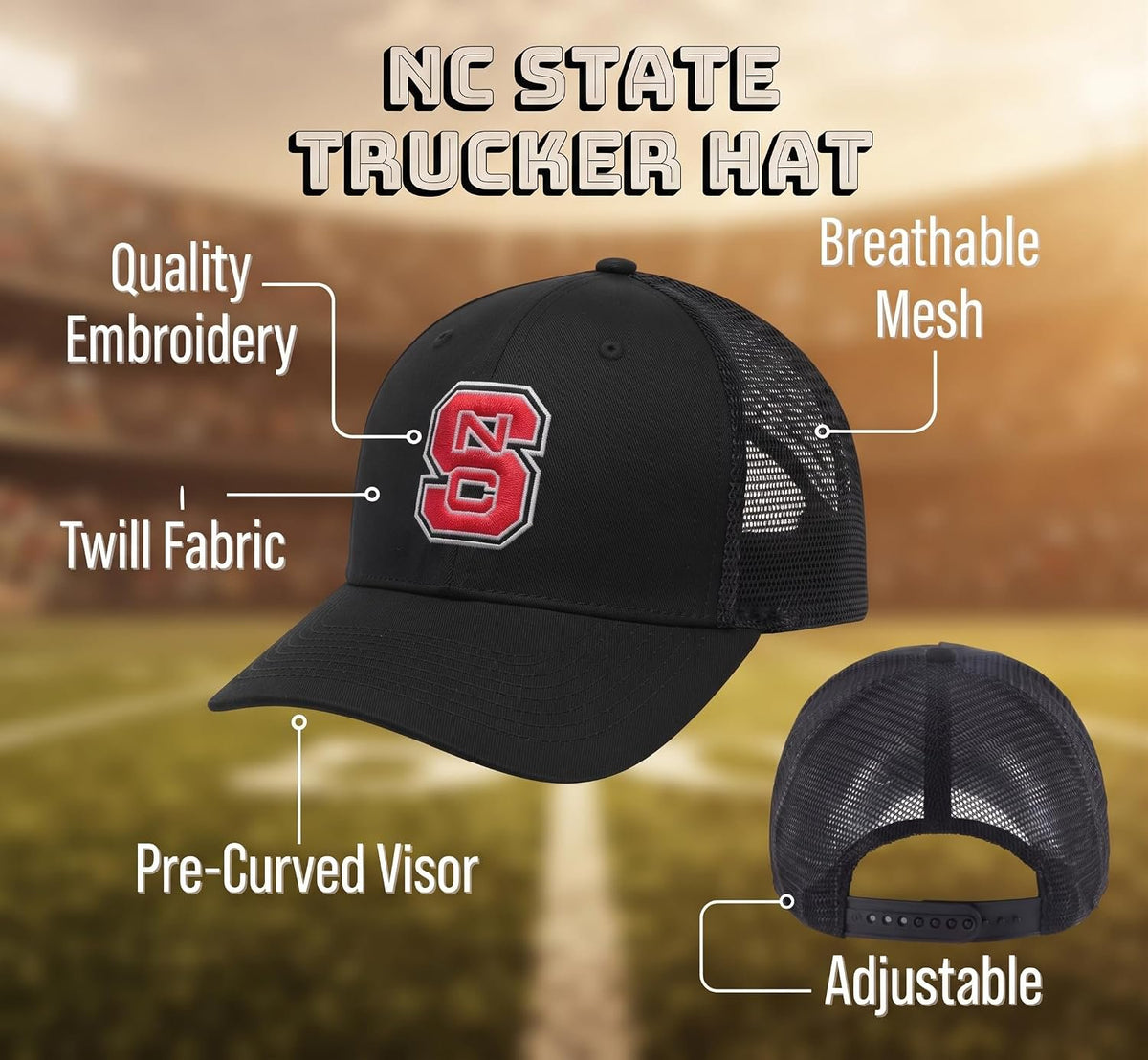 North Carolina State Wolfpack Hat Black Mesh Trucker Adjustable Embroidered Cap