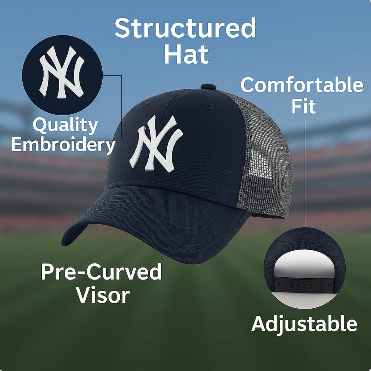 Officially Licensed New York Navy Mesh Trucker MVP Baseball Hat Classic Adjustable Embroidered Primary NY Navy Blue Team Logo Structured Snapback Sports Cap