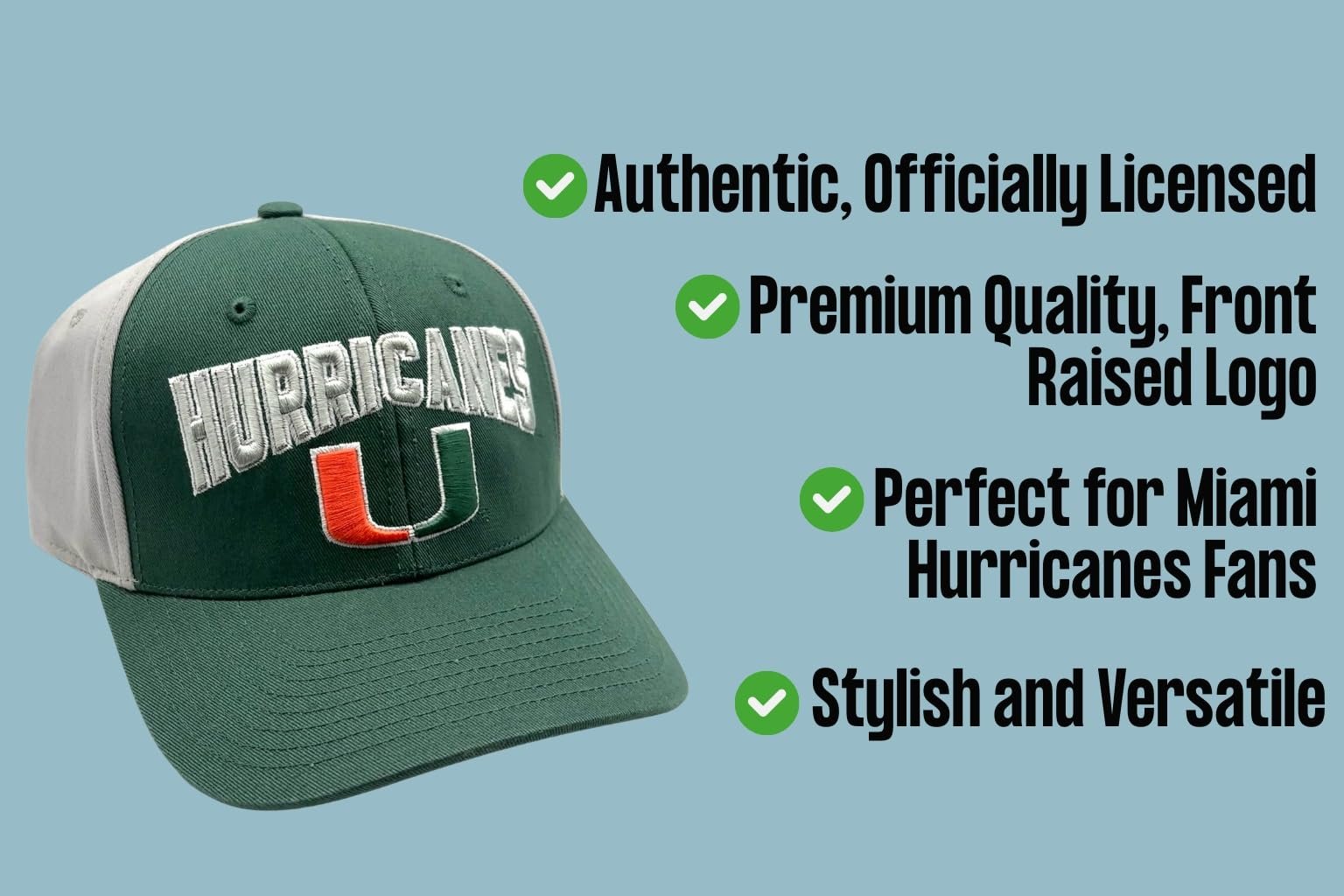 Officially Licensed University of Miami Hurricanes Classic Two Tone MVP Hat Adjustable Hurricanes Logo Structured Cap