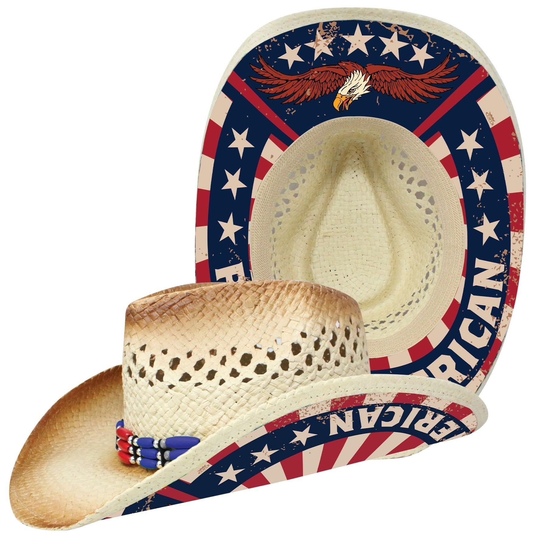 Officially Licensed USA American Beaded Patriotic Eagle Straw Hat for Men and Women Classic Edition Western Cowboy Outdoor Sun Cap Multicolor