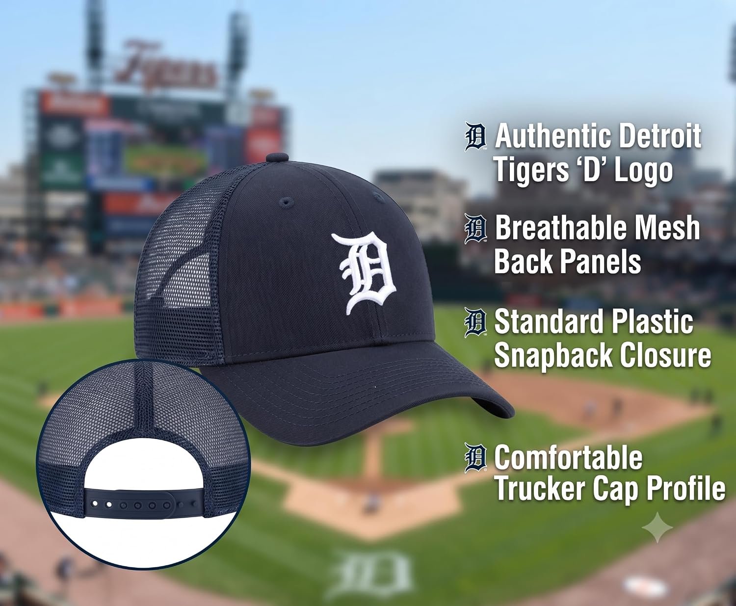 Officially Licensed Detroit Tigers Navy MVP Mesh Trucker Hat with White D Logo Embroidery Adjustable Sports Cap
