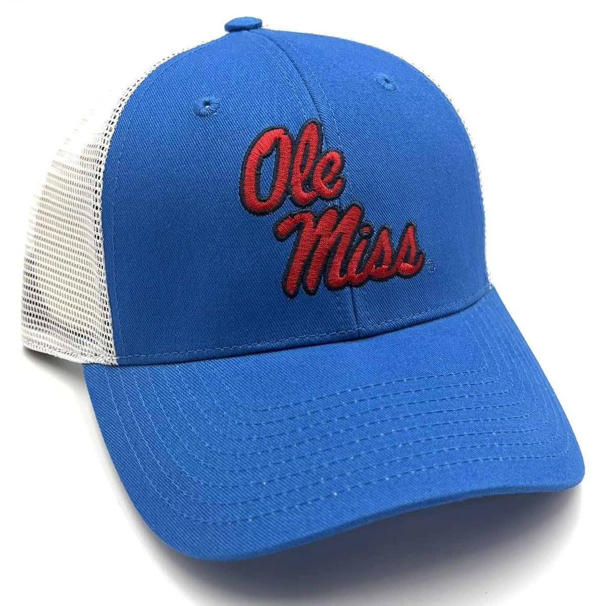 Ole Miss Trucker Hat Blue & White with Embroidered 'Ole Miss' Red Logo