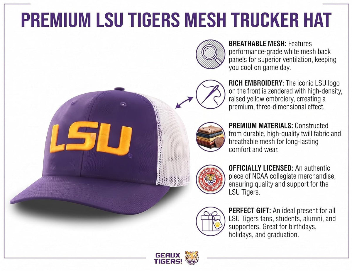 LSU Tigers Two Tone Mesh Trucker Hat Purple/White Adjustable Unisex Cap