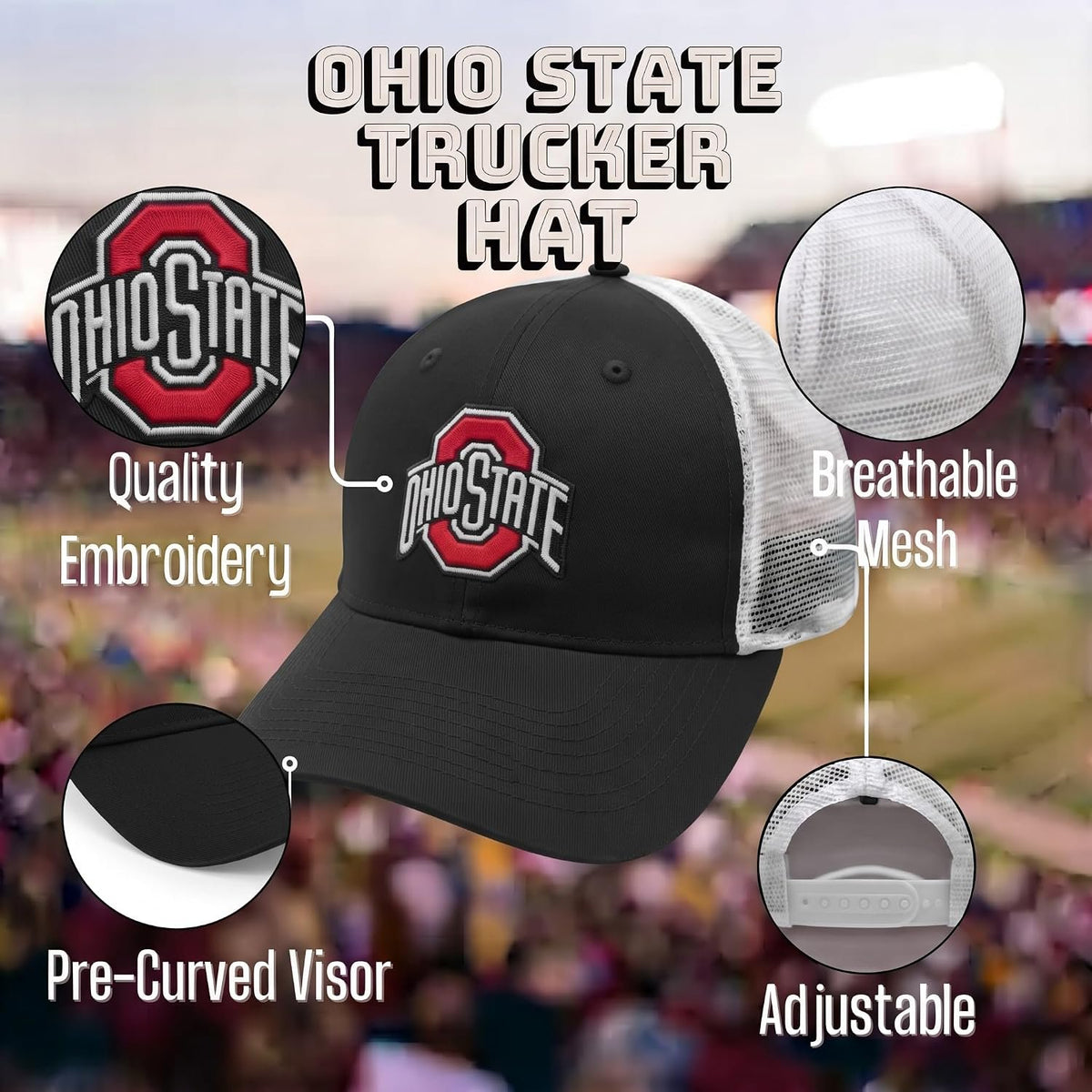 Ohio State Buckeyes Black & White Trucker Hat Embroidered Unisex Mesh Cap