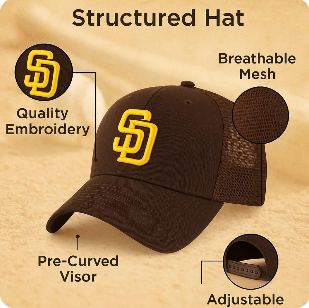 Officially Licensed San Diego Baseball Mesh Trucker Brown MVP Hat Classic Adjustable Embroidered Home Team Logo Structured Snapback Sports Cap