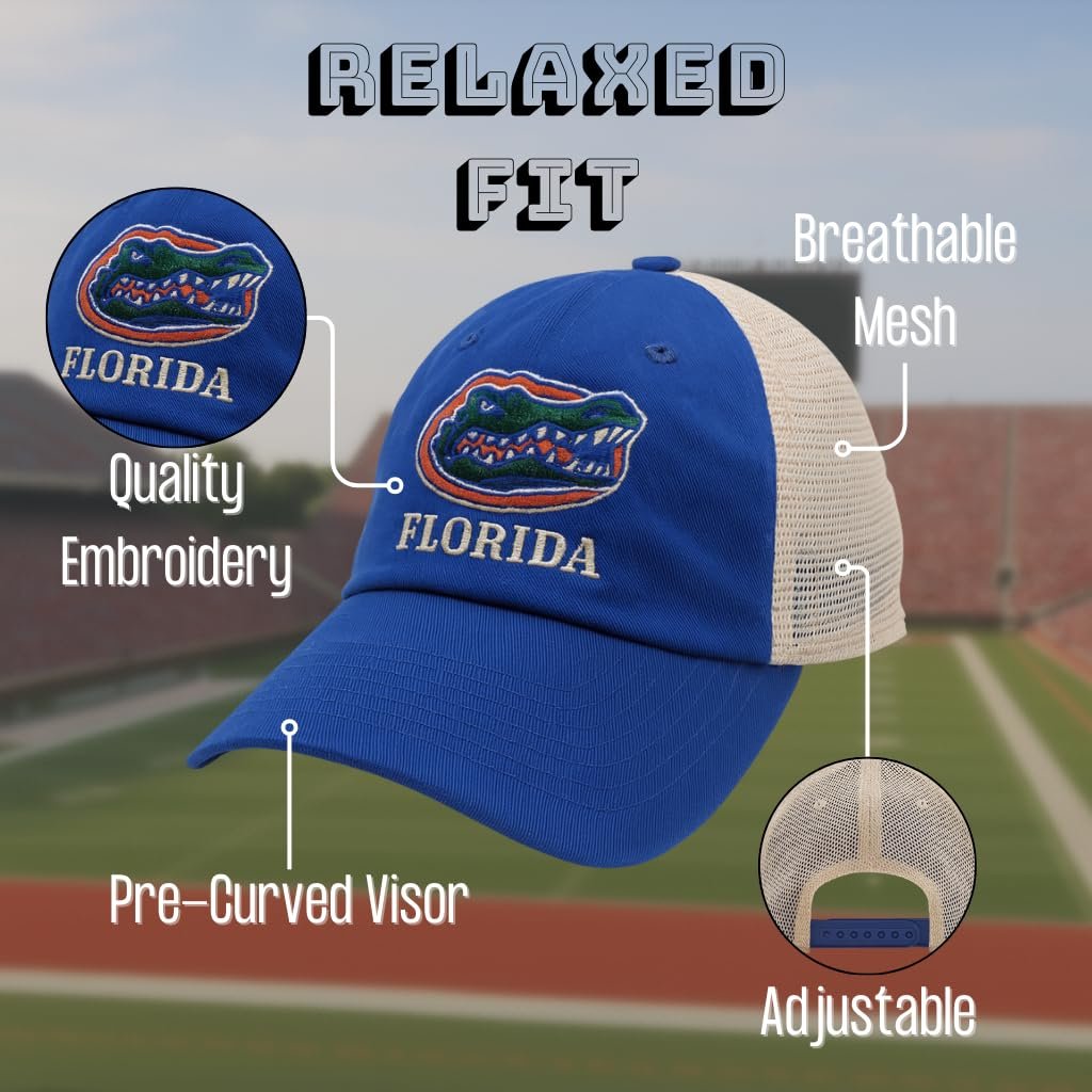 Officially Licensed University Florida Gators Mesh Trucker Hat Classic Blue/Khaki Embroidered Gators Team Logo Adjustable Snapback Sports Baseball Cap