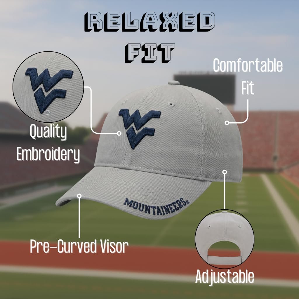 Officially Licensed West Virginia Mountaineers Hat Classic Edition Gray Relaxed Fit Adjustable University Primary Team Logo Baseball Sports Cap