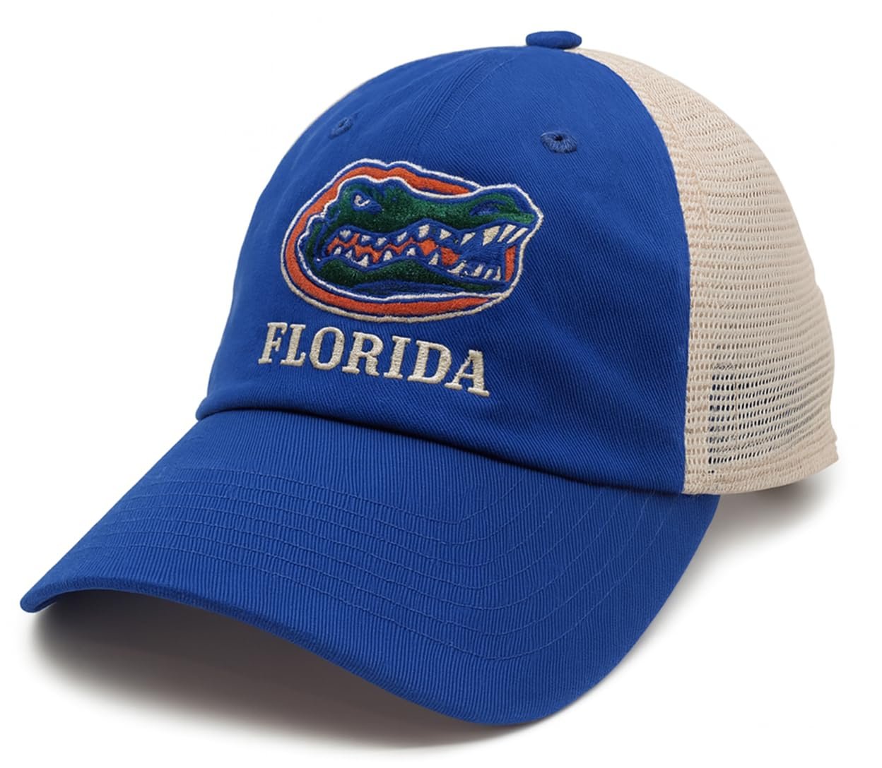 Officially Licensed University Florida Gators Mesh Trucker Hat Classic Blue/Khaki Embroidered Gators Team Logo Adjustable Snapback Sports Baseball Cap