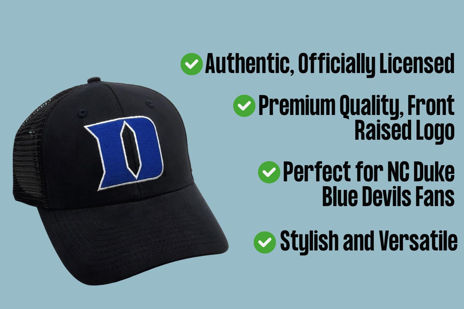 Officially Licensed Duke Classic Primary Team Logo Black/Blue MVP Mesh Trucker Baseball Hat Structured Adjustable Snapback Sports Cap