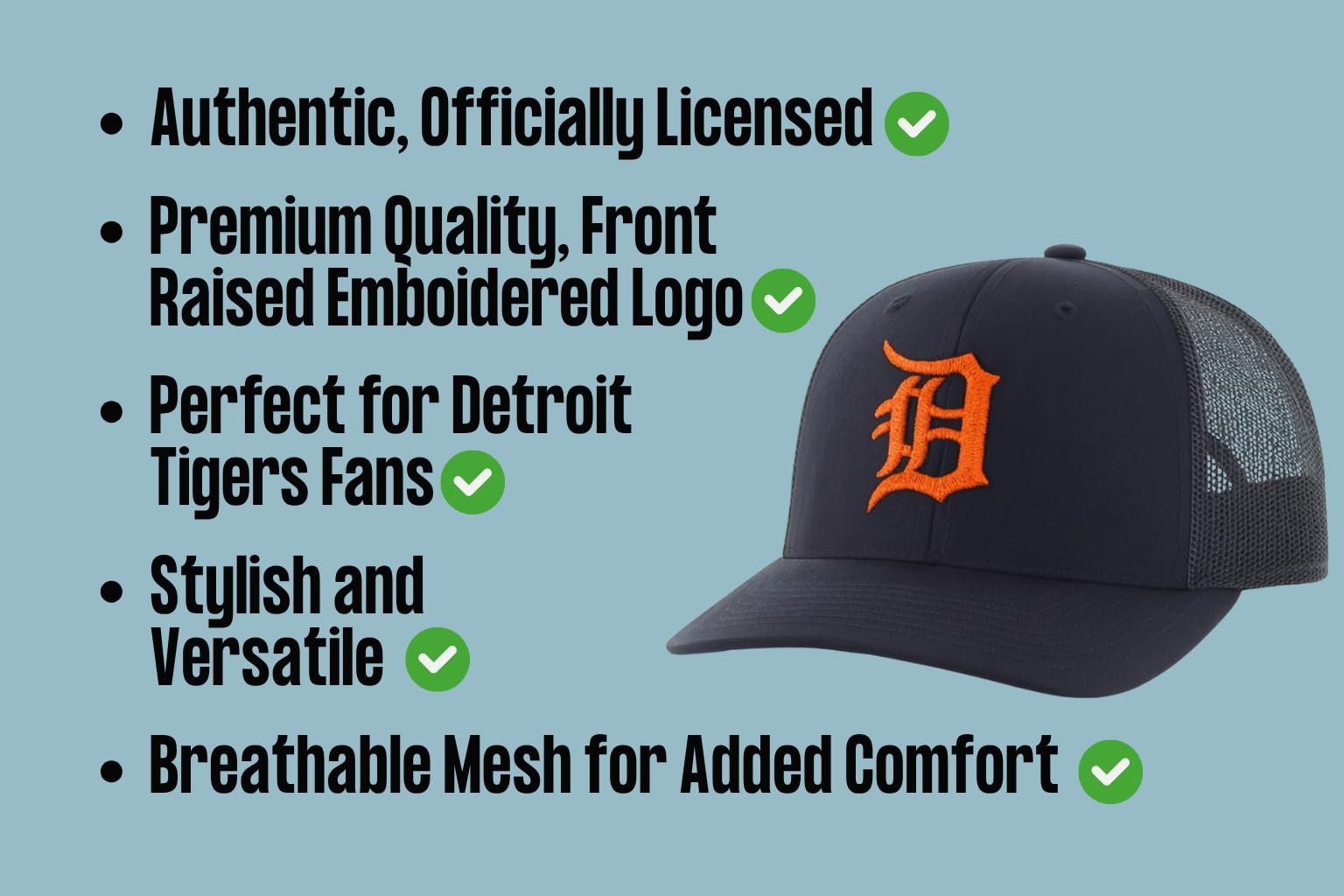 Officially Licensed Detroit Tigers Baseball Navy Blue/Orange Mesh Trucker Hat Classic MVP Tigers Primary Home Team Logo Adjustable Snapback Sports Ball Cap