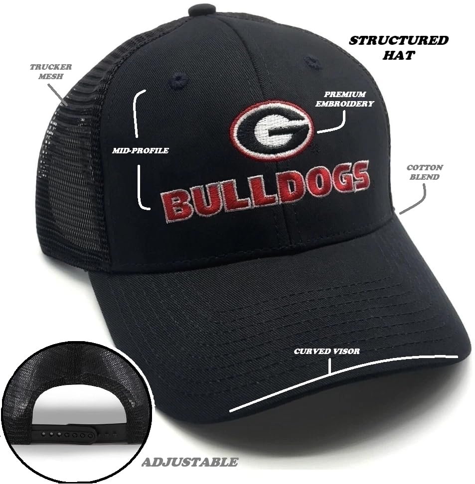 Officially Licensed University Georgia Black Mesh Trucker Hat Classic Bulldogs Embroidered Team Logo Adjustable Structured Snapback Sports Cap
