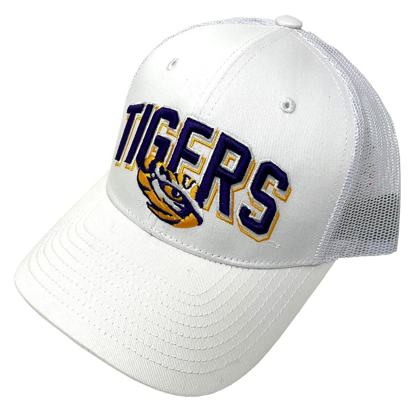 LSU University Hat Classic Solid Mesh Trucker Adjustable Tigers Team Logo Embroidered Cap (White)