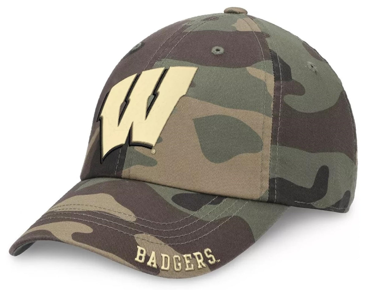 Officially Licensed University Wisconsin Camo Clean Up Hat Classic Edition Badgers Team Logo Relaxed Fit Adjustable Baseball Sports Cap