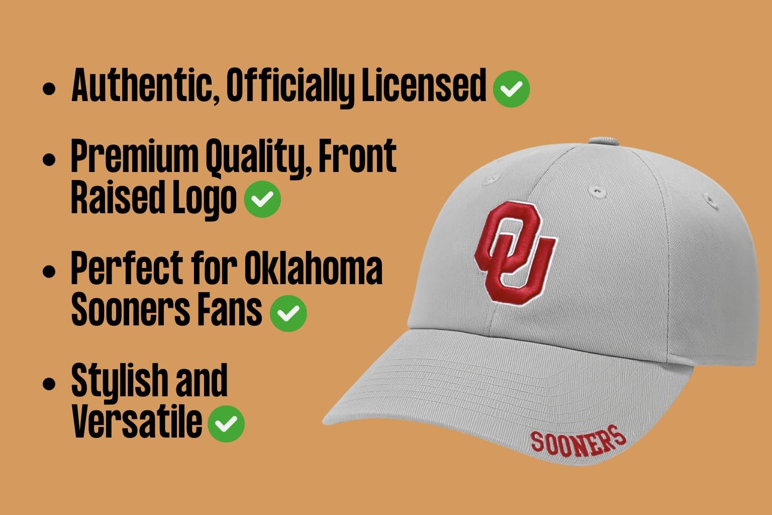 Officially Licensed Oklahoma University Sooners Hat Classic Adjustable Gray Relaxed Fit Embroidered Primary Team Logo Baseball Sports Cap